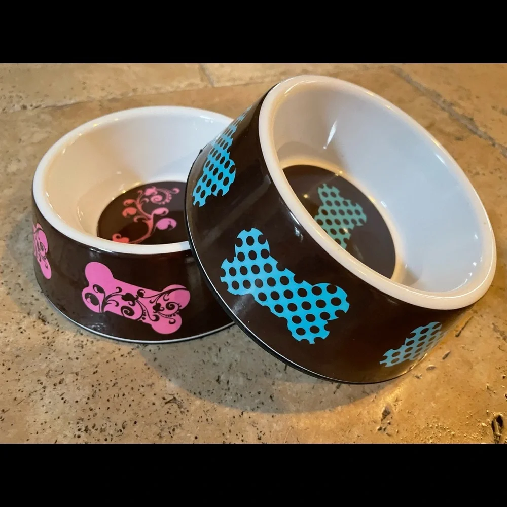 COPY - Top Paw 🐾 Boutique Pet Bowls 🐶 Pink/Brn Turquoise/Brn w/Center Decals. (…